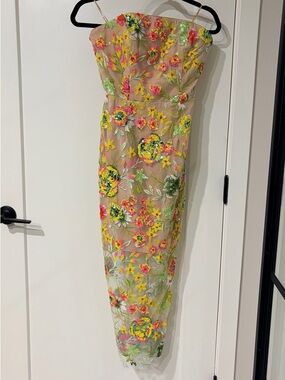 Milly Pink and Yellow Floral Strapless Dress with Nude Straps